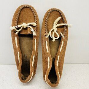 Minnetonka Mocassins Softsole Loafers Leather Camel Tan Lace Up  Shoes Sz 6.5